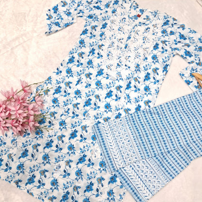 Printed Cotton Chikankari Machine Work Kurti Plazo Set - Sky Blue Colour (Free Earrings!)