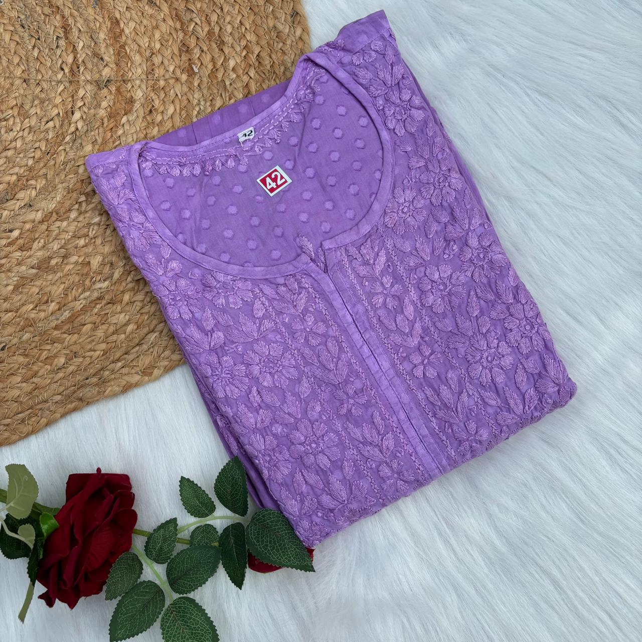 Aliya Dobby Cotton Nyra Cut Chikankari Aline Kurti - Purple Colour