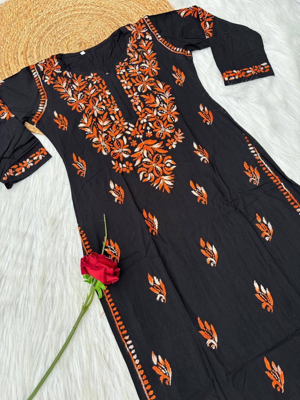 Shefrin Soft Rayon Lucknowi Handwork Chikankari Kurti - Rush Colour