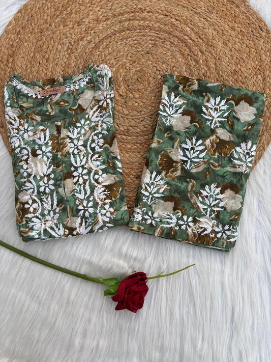 Elena Mulmul Cotton Handwork Chikankari Kurti Set - Dark Green Colour