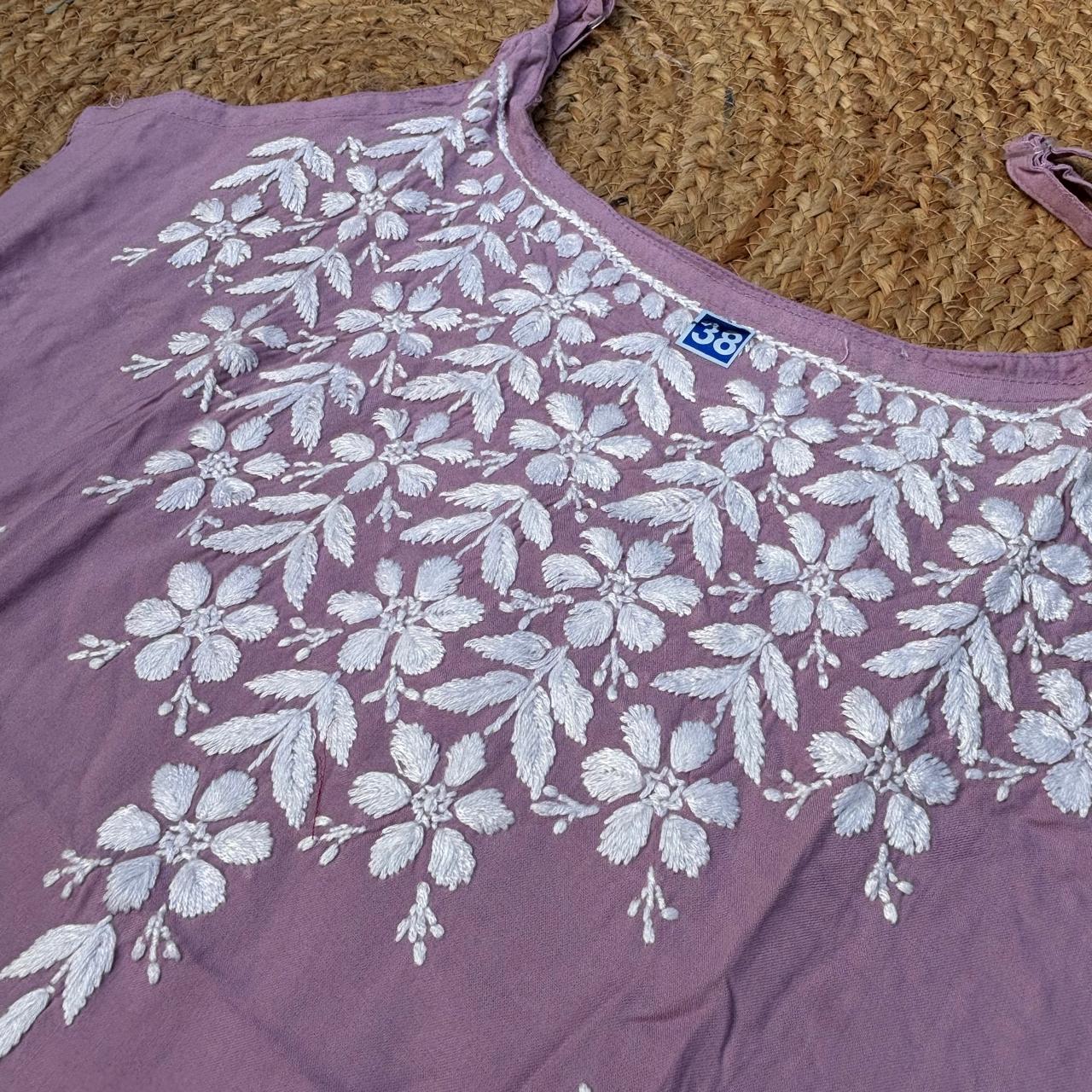 Safa Rayon Chikankari Noodle Strap Short Kurti -  Mauve colour (Length - 38")