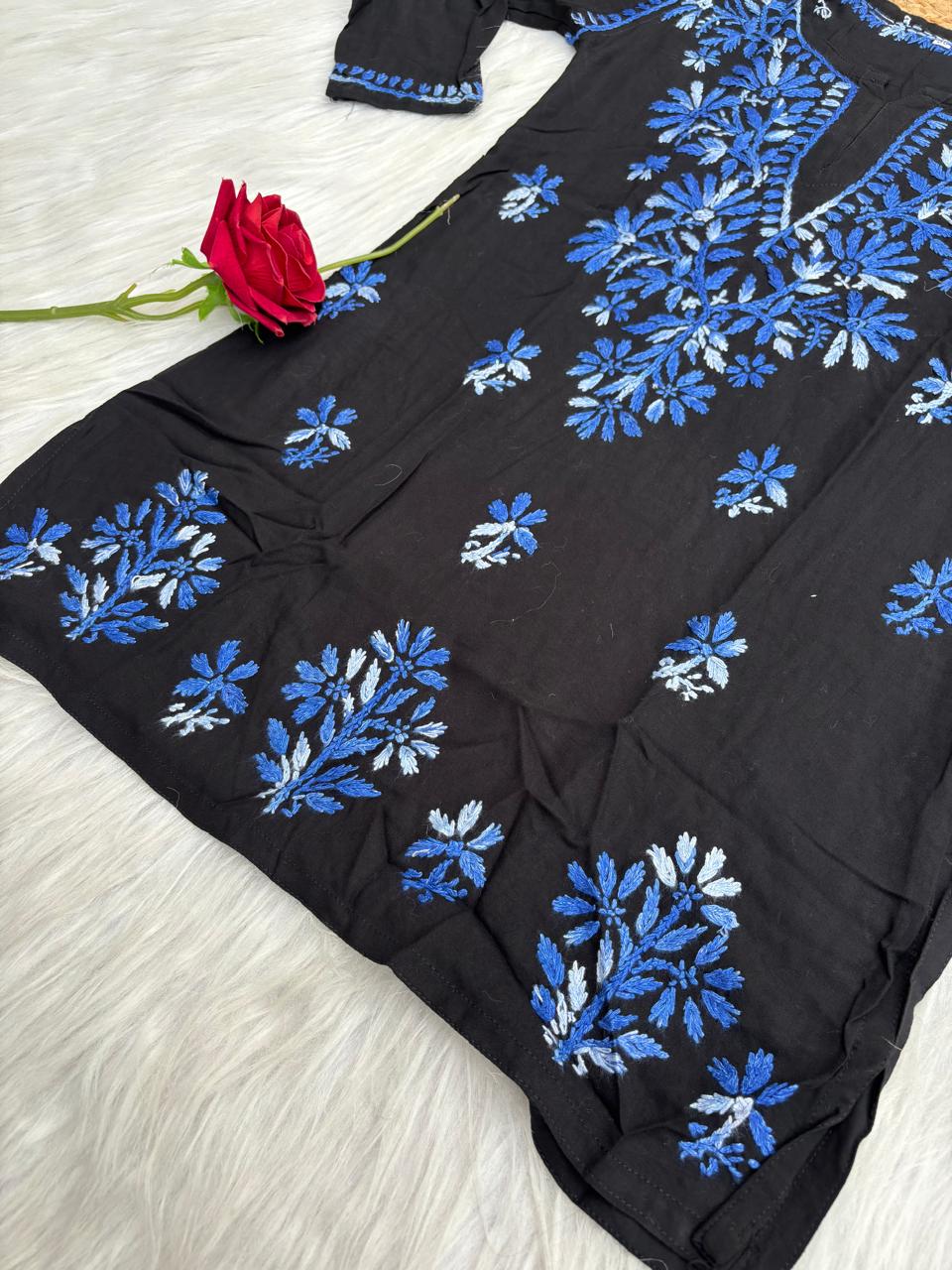 Mahek Soft Rayon Handwork Chikankari Short Kurti- Blue Colour