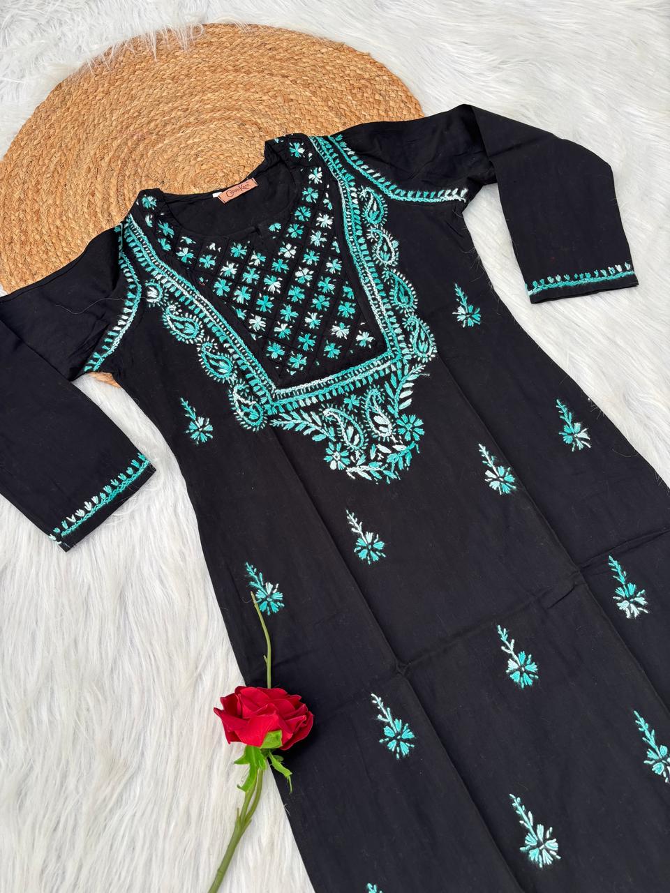 Maryam Handwork Cotton Lucknowi Chikankari Kurti - Sea Green Colour