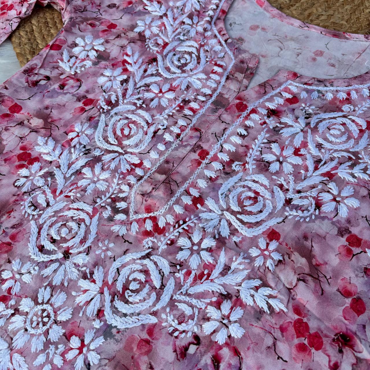 Hina Rayon Rose work Lucknowi Chikankari kurti - Blush Colour