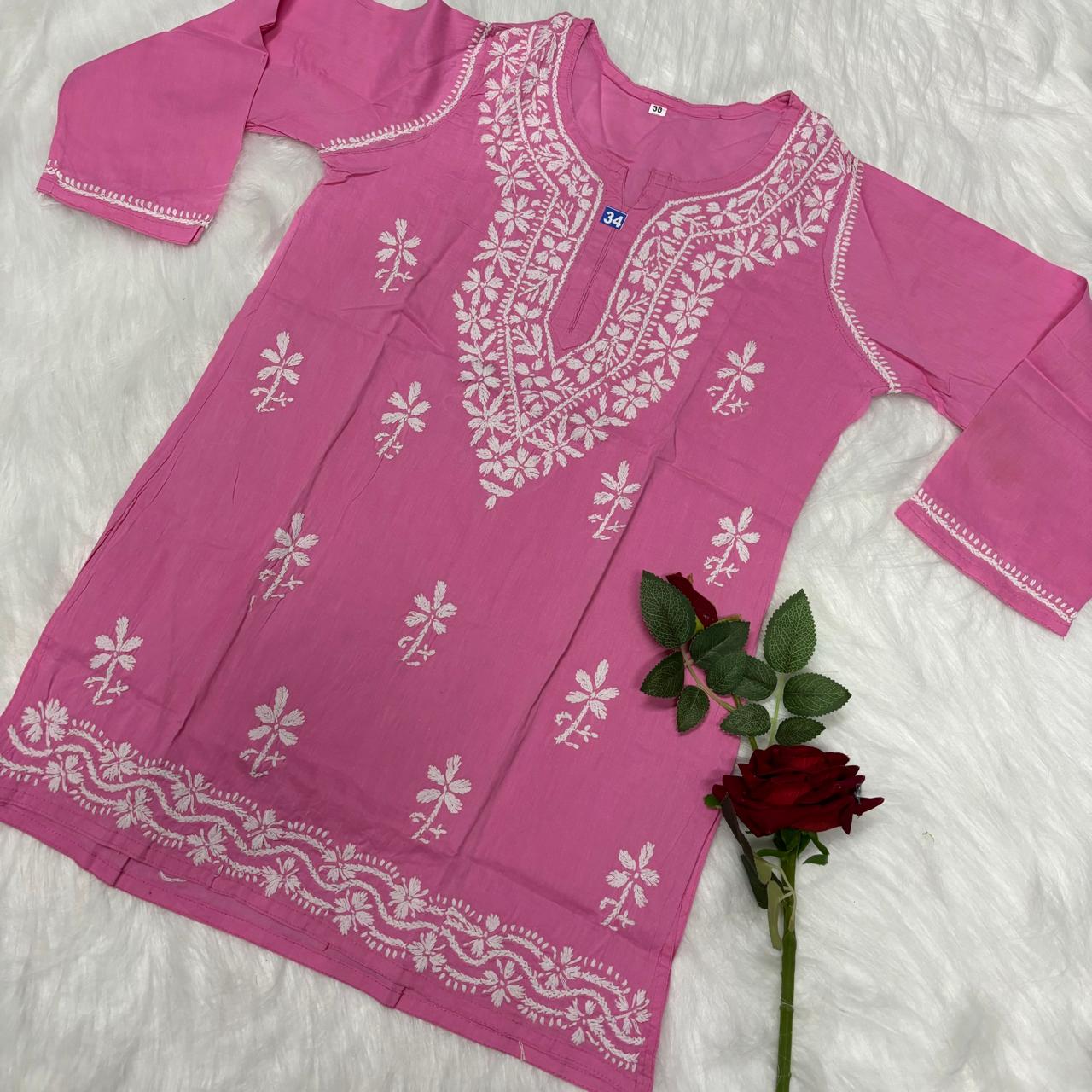 Ziya Pure Cotton Chikankari Short Top- Pink Colour