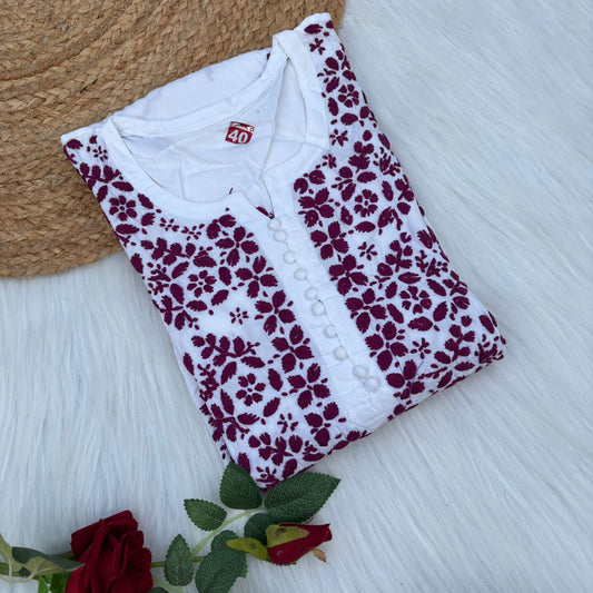 Amira Soft Rayon Chikankari Kurti - Wine on White Color