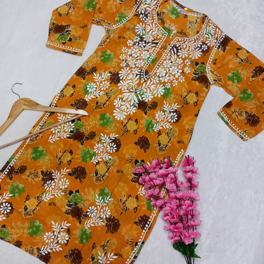 Dhanashree Inspired Mulmul Floral Printed Chikankari Handwork Kurti - Mustard Colour