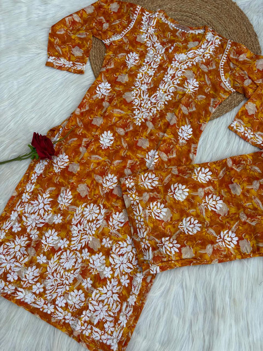 Elena Mulmul Cotton Handwork Chikankari Kurti Set - Warm Rust Colour