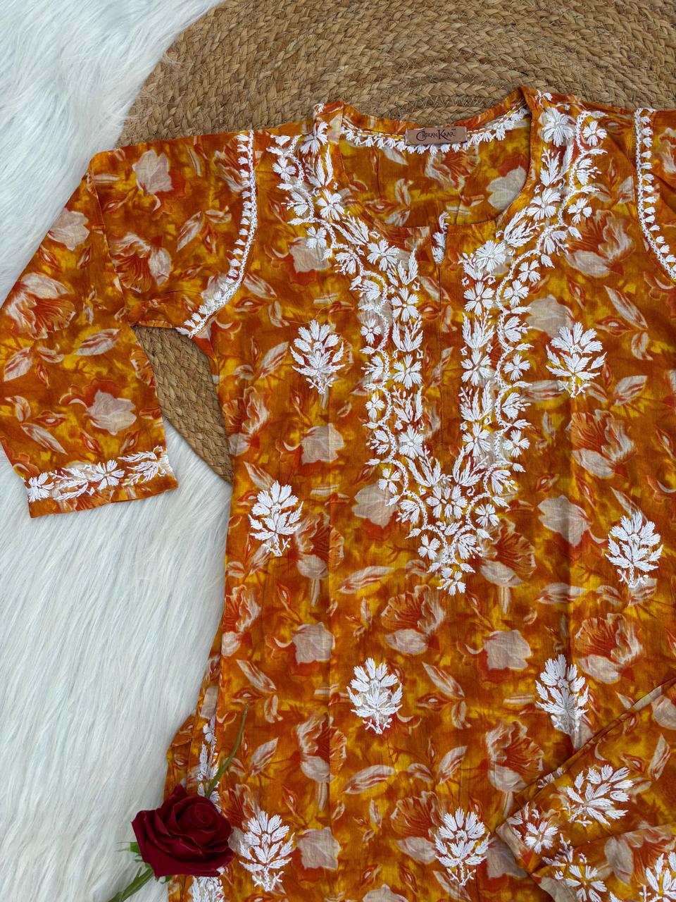 Elena Mulmul Cotton Handwork Chikankari Kurti Set - Warm Rust Colour
