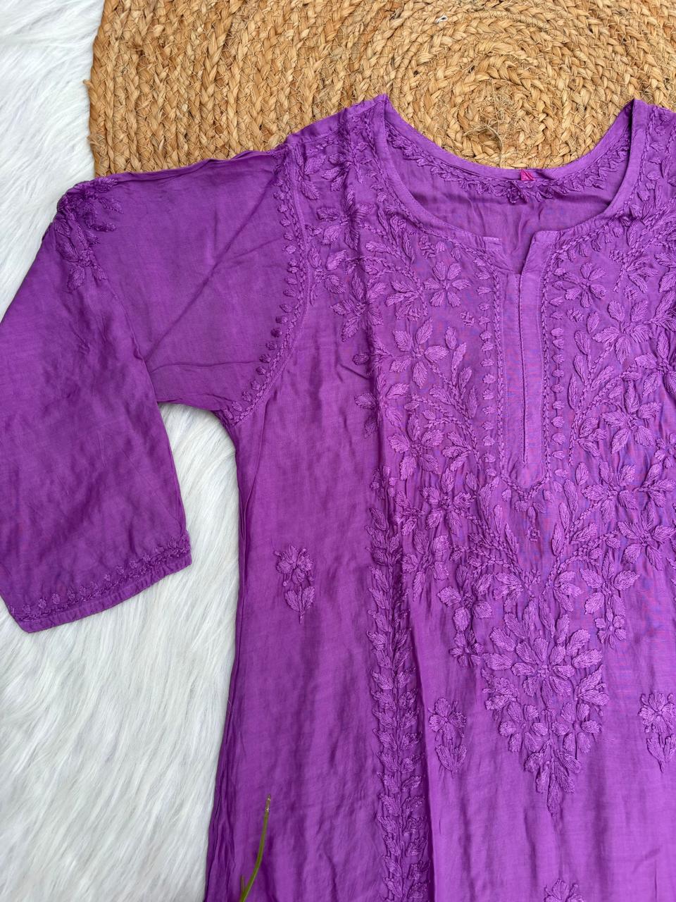 Nadia Muslin Lucknowi Chikankari Kurti Pant Set - Purple Color