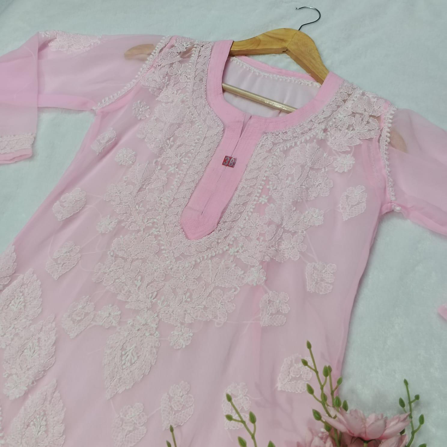 GRACEFUL GEORGETTE CHIKANKARI CROSS PANEL KURTI WITH INNER - BABY PINK - chikankaar