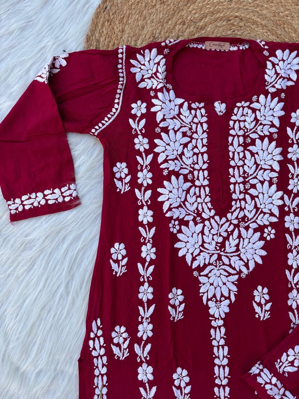 Samara Rayon Handwork Chikankari Kurti Plazo Set - Maroon Colour