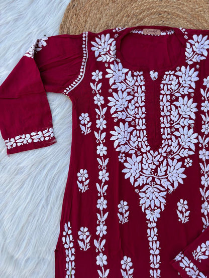 Samara Rayon Handwork Chikankari Kurti Plazo Set - Maroon Colour