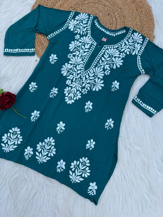 Ina Soft Rayon Handwork Chikankari Short Kurti - Sea Green Colour