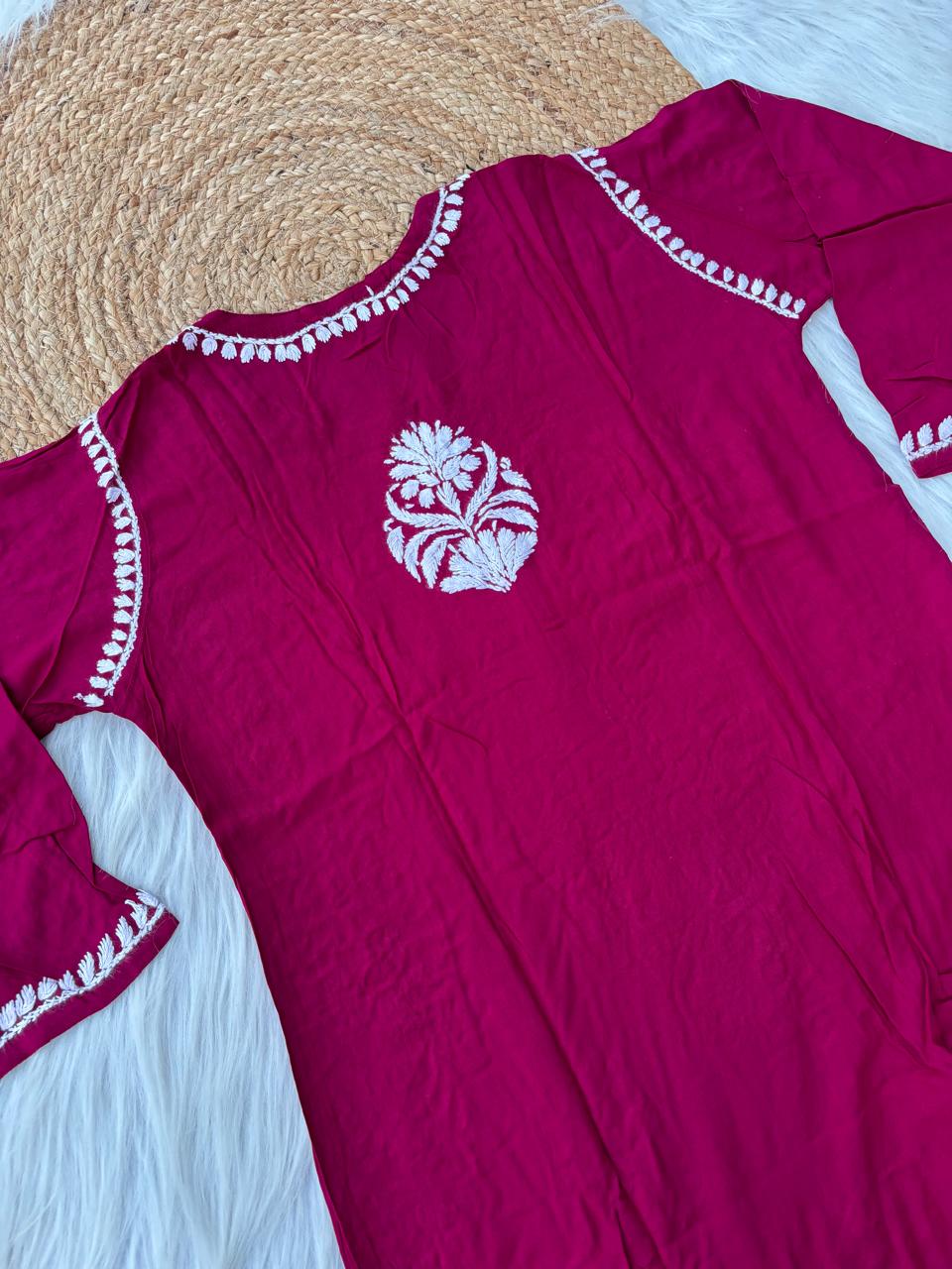 Hiba Soft Rayon Handwork Chikankari Kurti - Maroon Colour