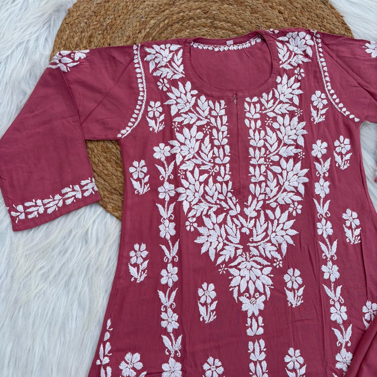 Samara Rayon Handwork Chikankari Kurti Plazo Set - Gazri Colour