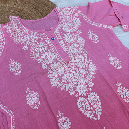 Isha Slub Cotton Chikankari Kurti - Peach color