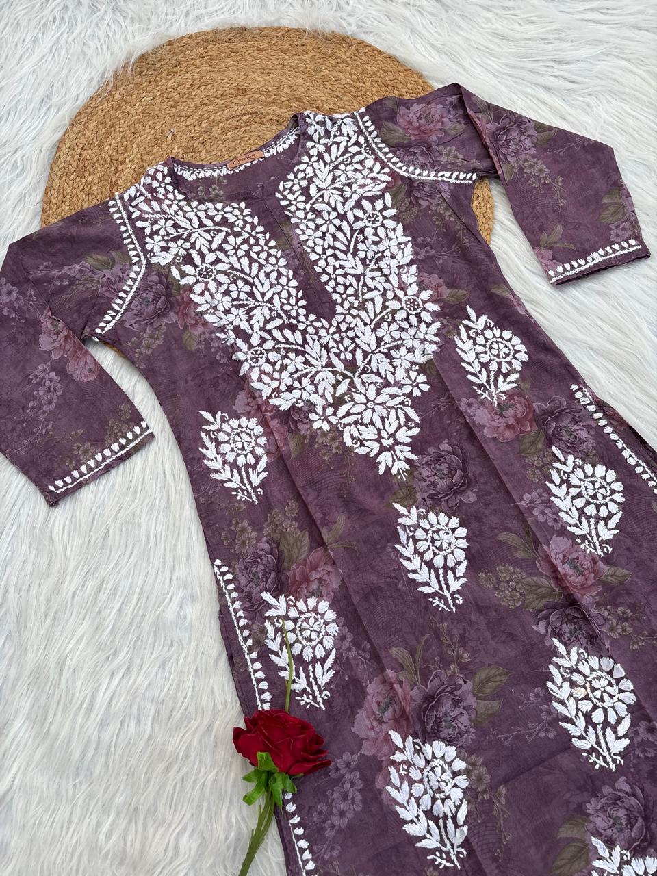 Zaina Pure Mulmul Chikankari Handwork Kurti - Purple Colour