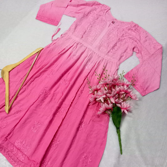 Pure Modal Dual Shaded Chikankari Gown With Dori-pink Colour