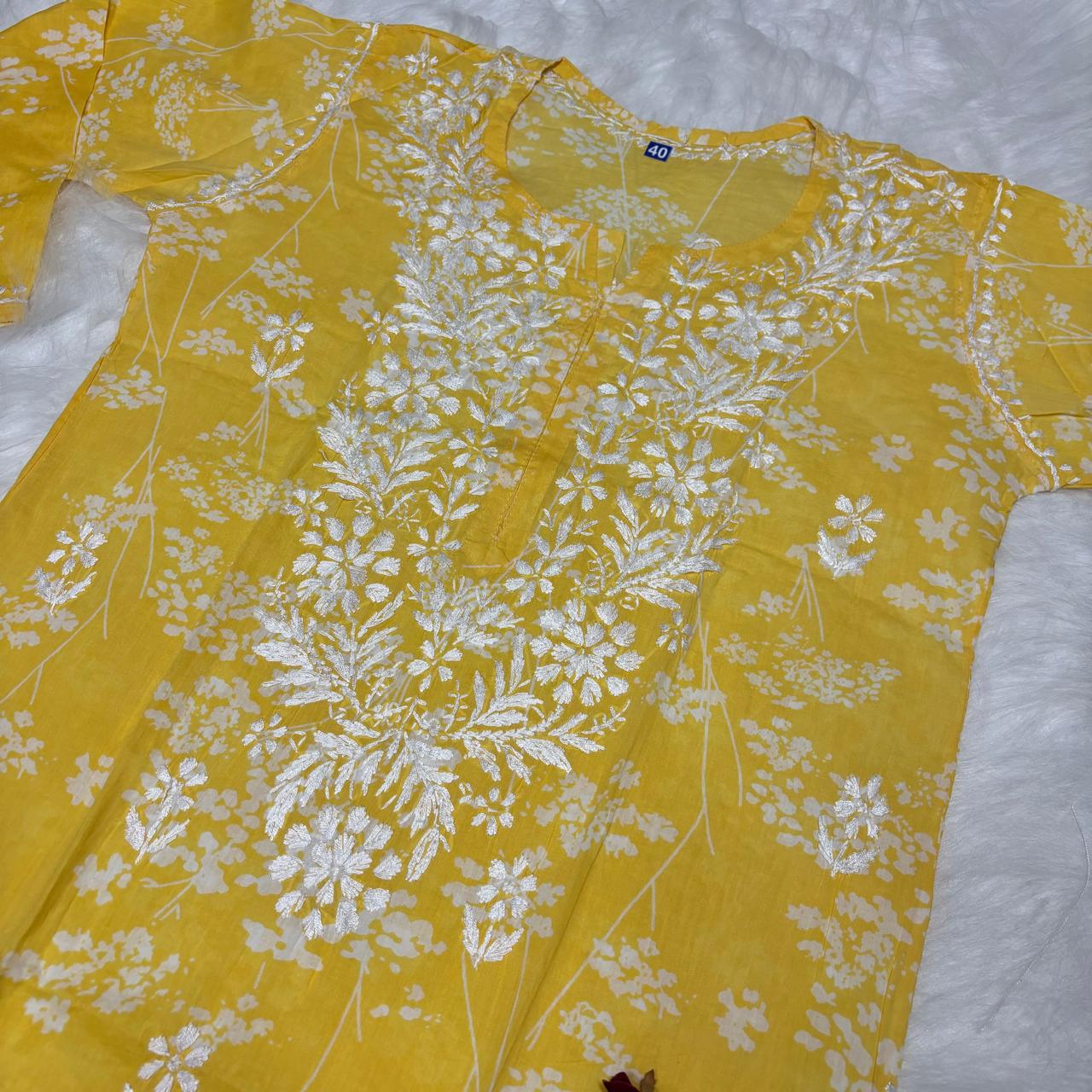 Mahira Sharma Inspired Pure Mulmul Printed Chikankari Handwork Kurti -Yellow Colour