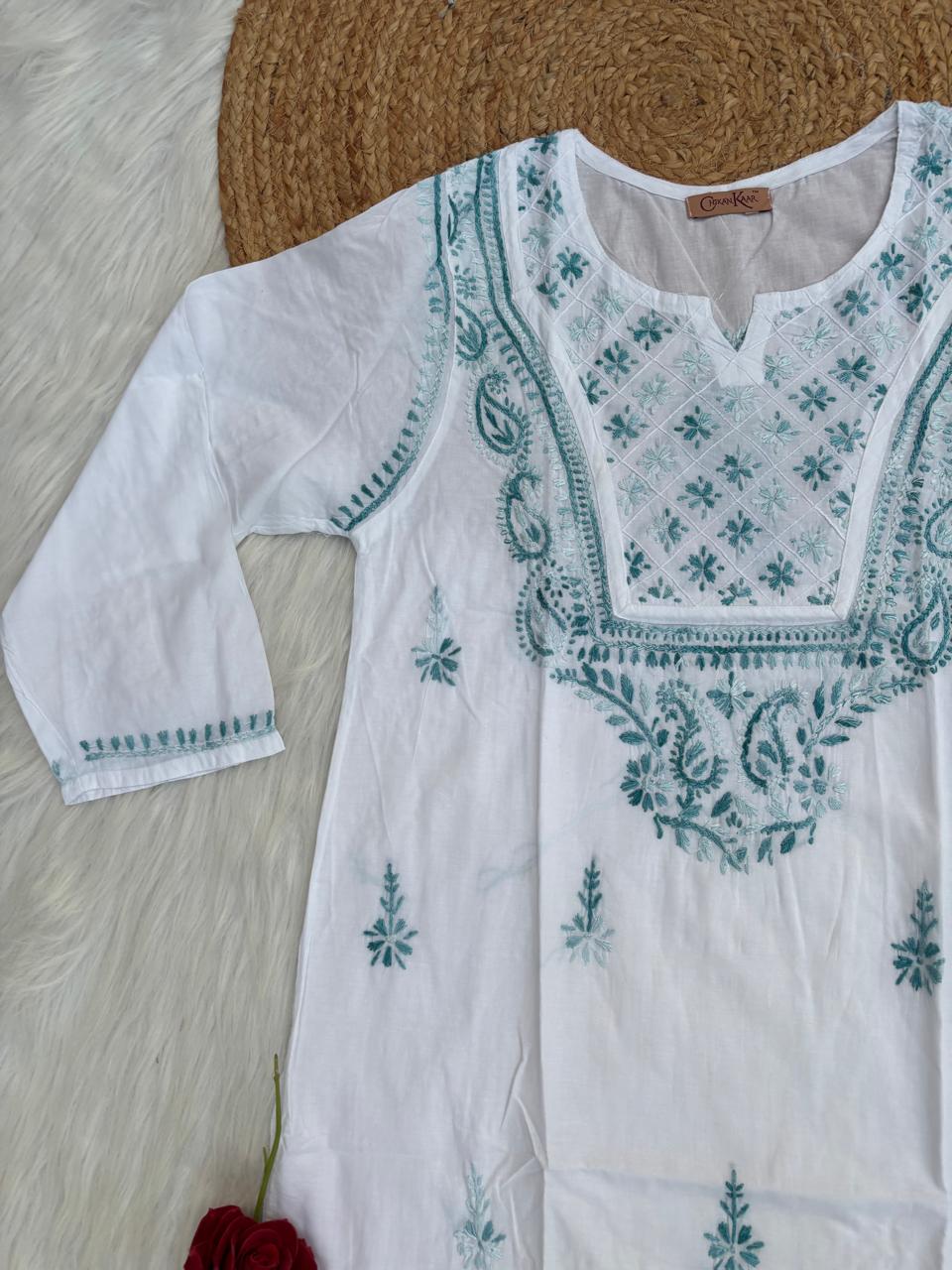 Zoya Cotton Lucknowi Handwork Chikankari Kurti - White Teal green Colour
