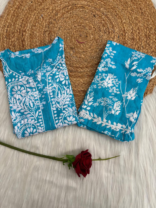 Jiya Mulmul Cotton Handwork Chikankari Kurti Set - Blue Colour