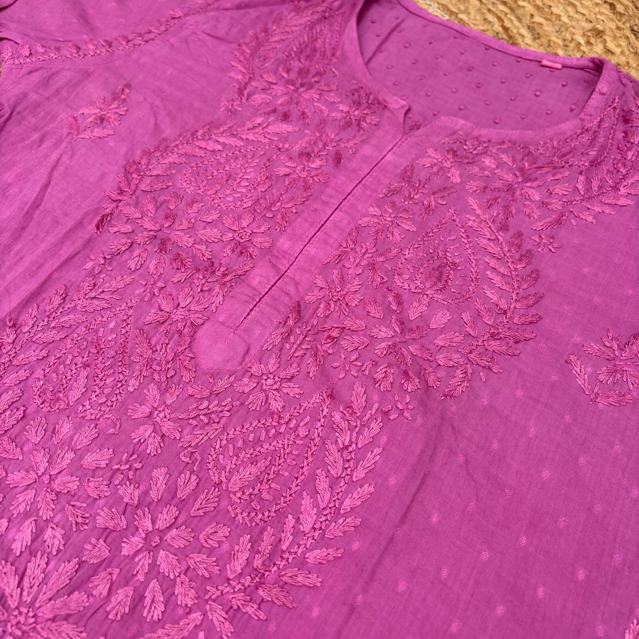 Nuha Dobby cotton Ombre shaded Lucknowi Chikankari Kurti Plazo Set - Pink Colour