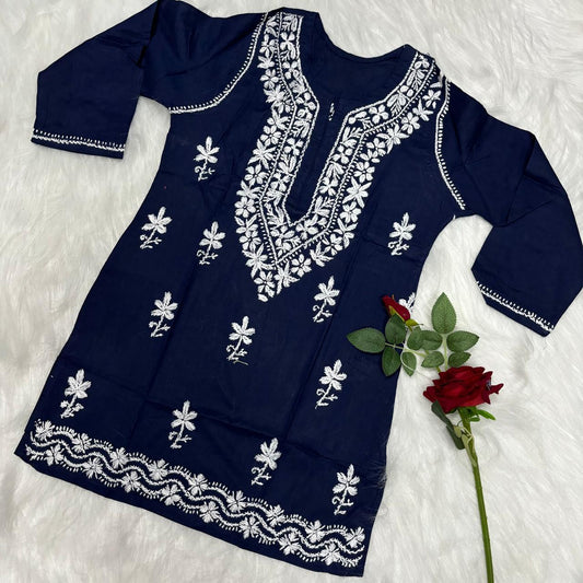 Ziya Pure Cotton Chikankari Short Top- Navy Blue Colour