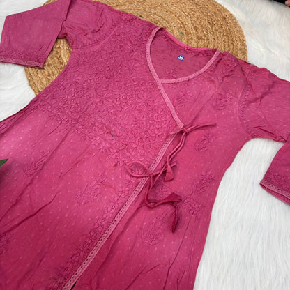 Shazia Ombre Shaded Dobby Cotton Chikankari Angarakha - Magenta Colour