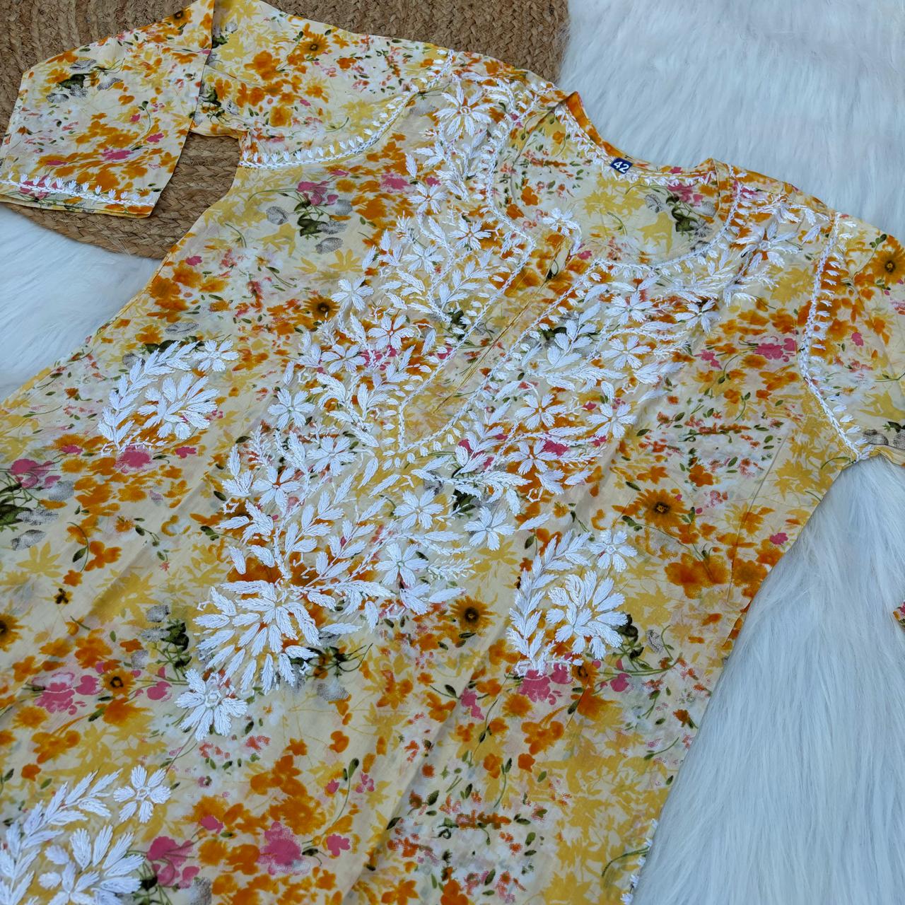 Fatima Pure Mulmul Chikankari  Handwork Kurti - Yellow Colour