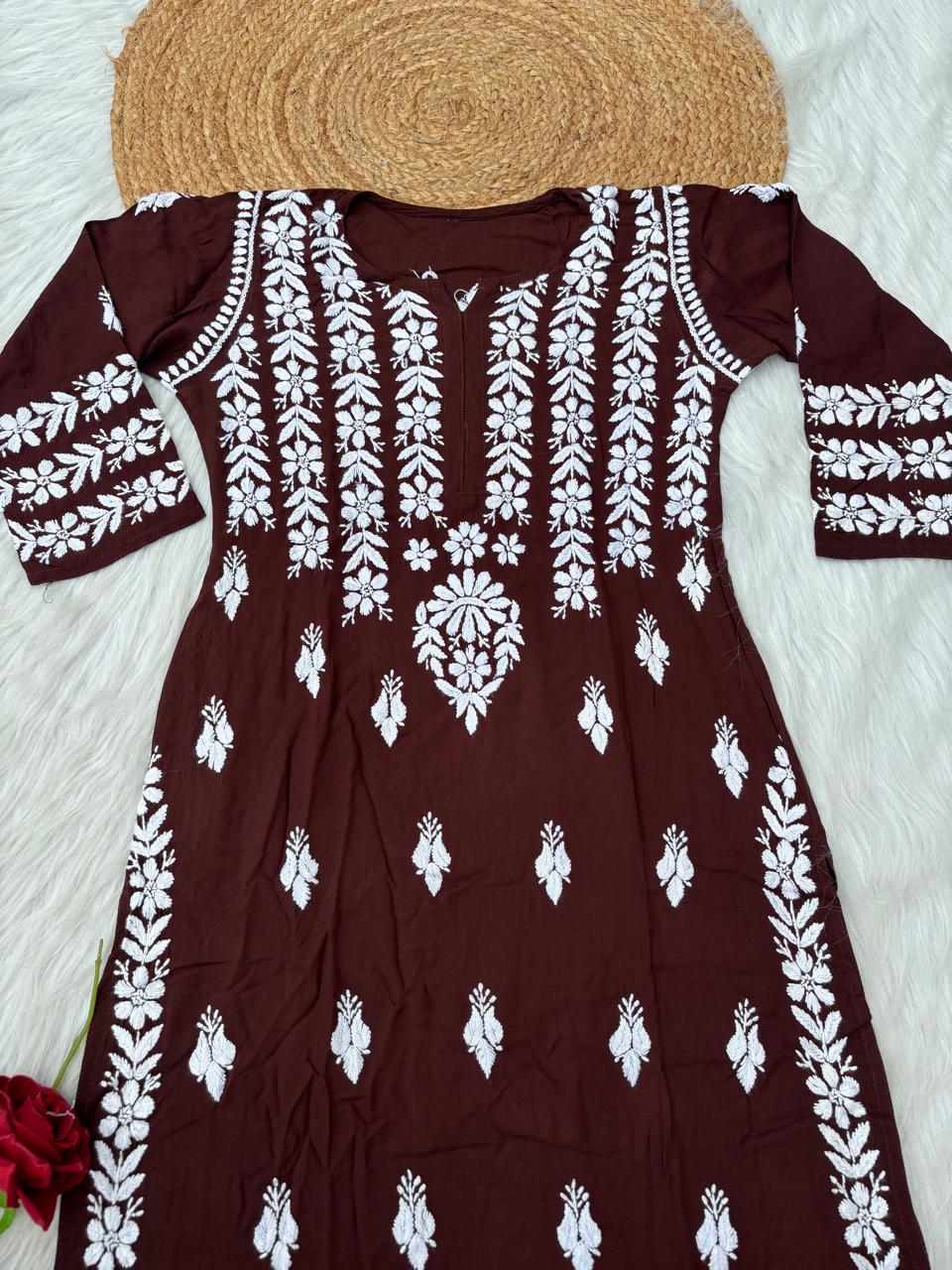 Zoobia Soft Rayon Handwork Chikankari Kurti - Brown Colour