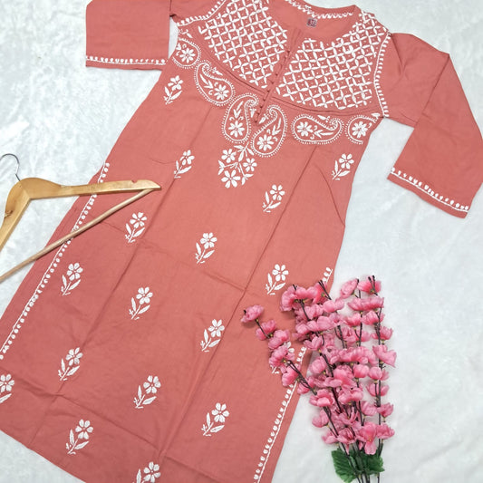 Adiva Pure Cotton Chikankari Handwork Kurti - Peach Colour