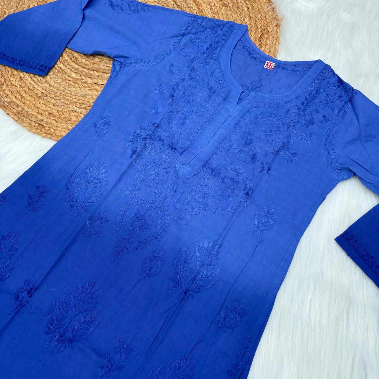 Tuba Ombre Shaded Dobby Cotton Chikankari Kurti - Royal Blue Colour