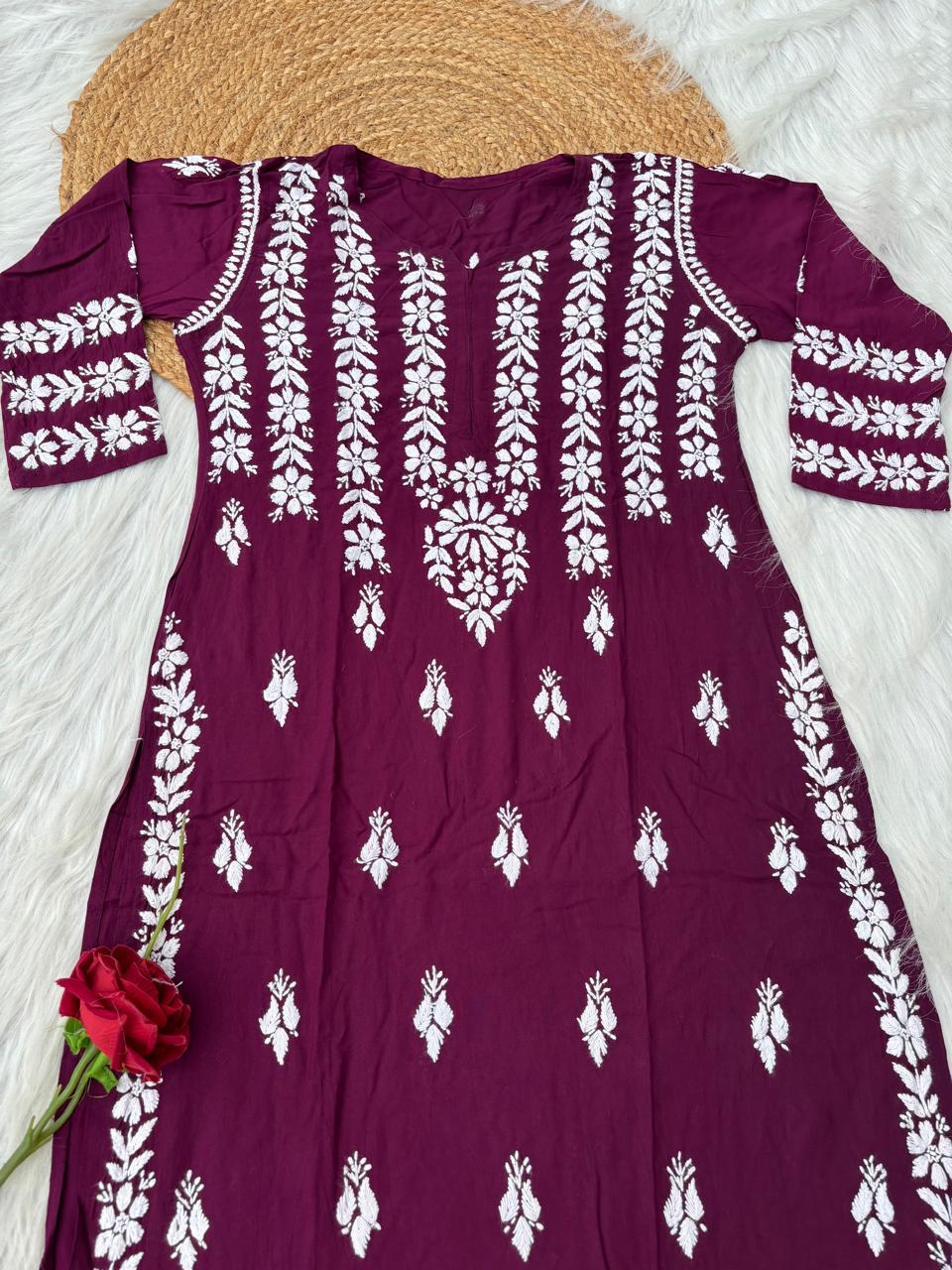 Zoobia Soft Rayon Handwork Chikankari Kurti - Wine Colour