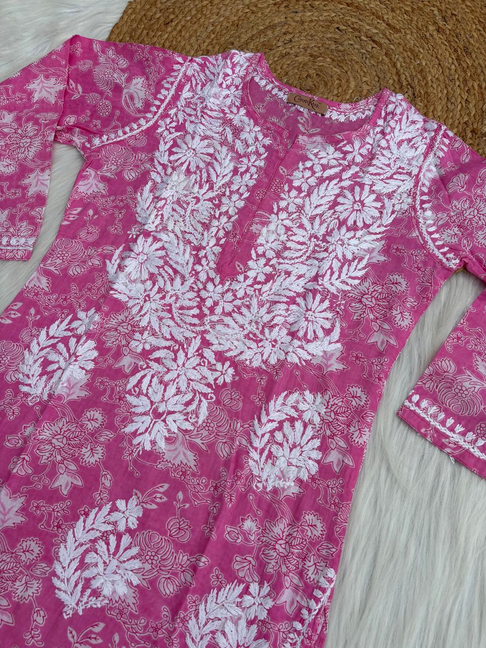 Sameera Pure Mulmul Chikankari Handwork Kurti - Pink Colour