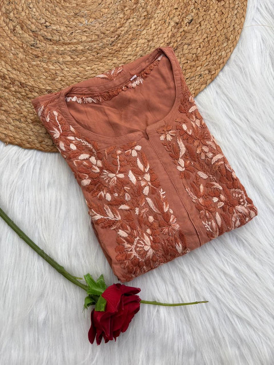 Roohi Rayon Tone To Tone Lucknowi Handwork Chikankari Kurti - Brown Color