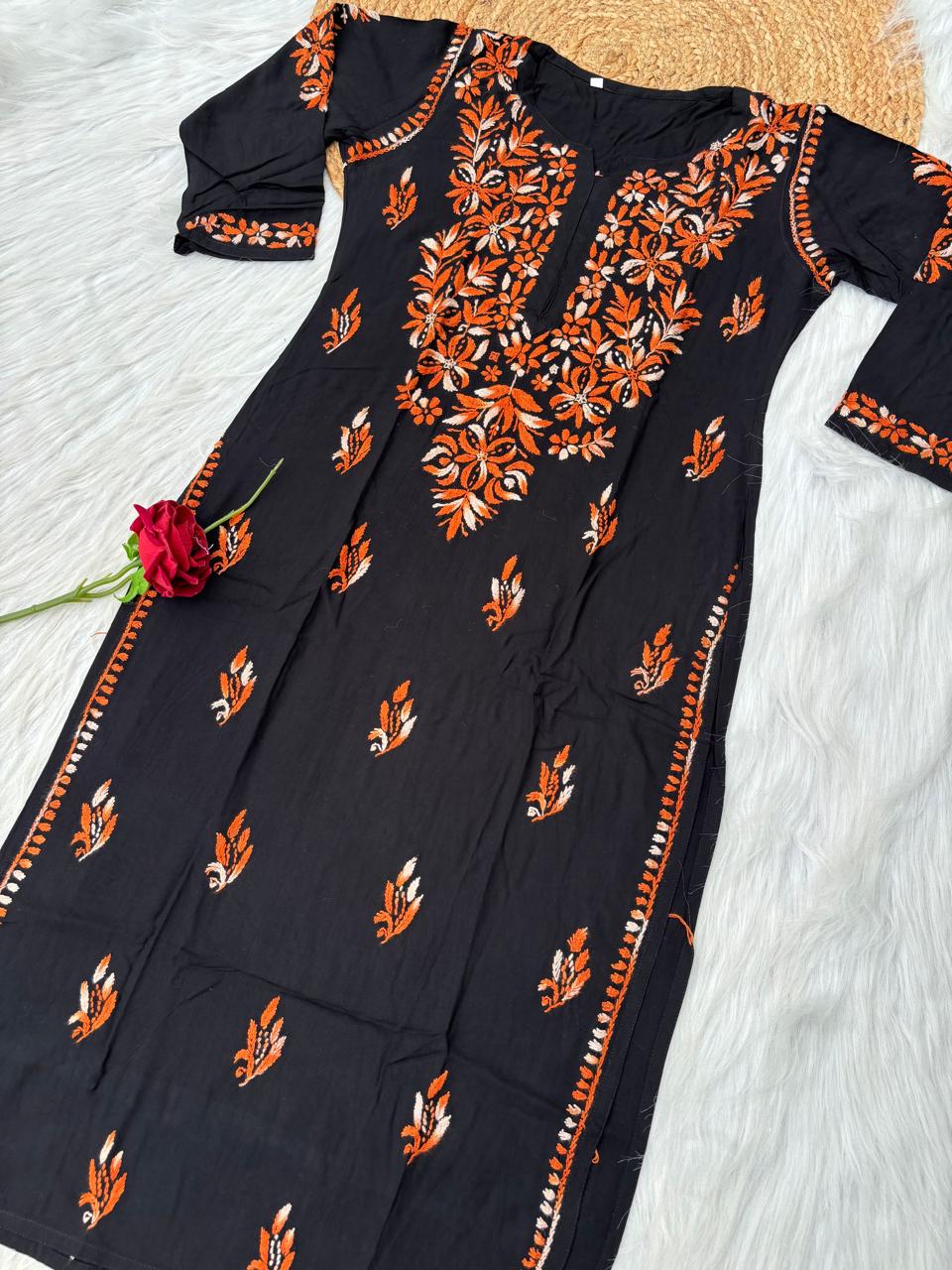Shefrin Soft Rayon Lucknowi Handwork Chikankari Kurti - Rush Colour
