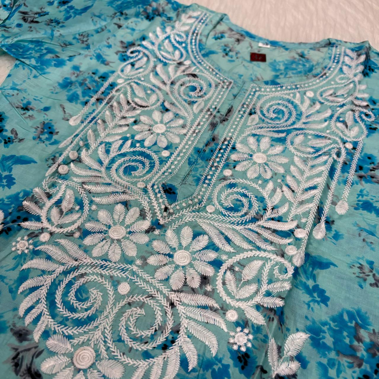 Mulmul Cotton Chikankari Machine Work Kurti - Sky Blue Colour