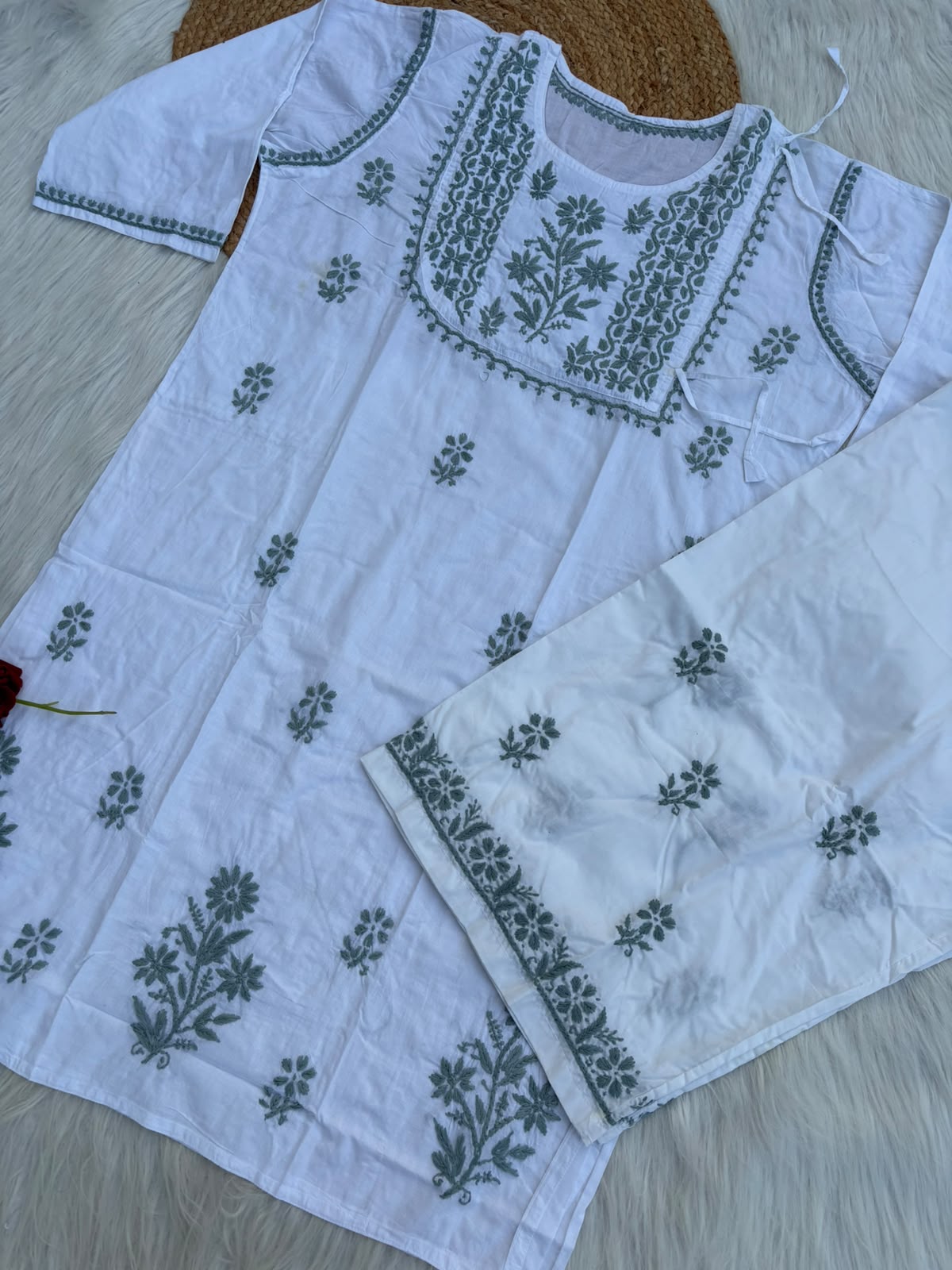 Heer Plus Size Cotton Handwork Chikankari Kurti Set - White Grey