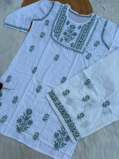 Heer Plus Size Cotton Handwork Chikankari Kurti Set - White Grey