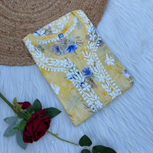 Rasha Pure Mulmul Chikankari Kurti - Yellow Colour