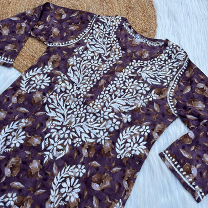Sana Pure Mulmul Chikankari  Handwork Kurti - Purple Colour