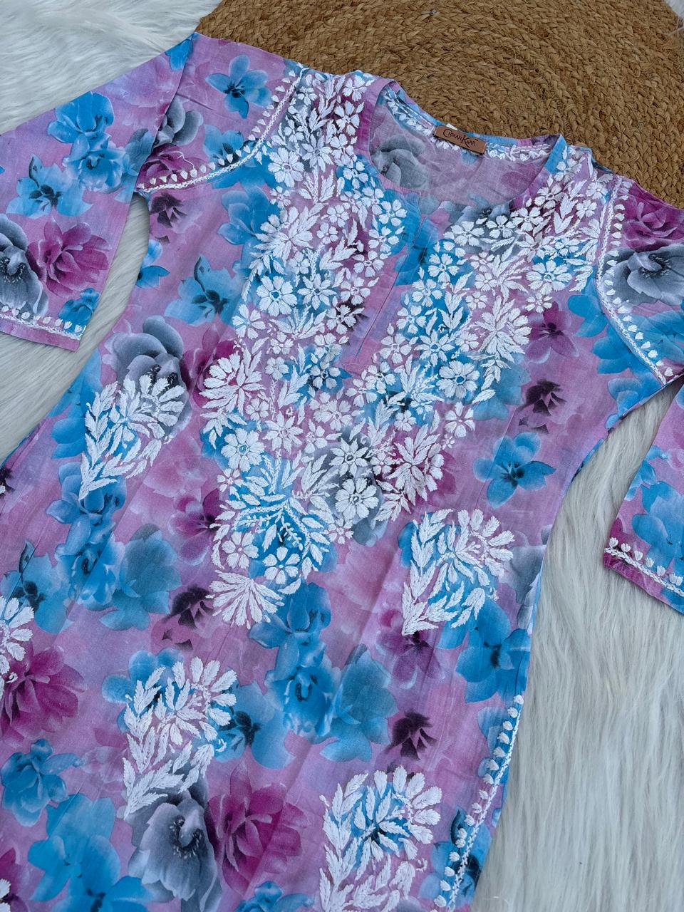 Najma Pure Mulmul Chikankari Handwork Kurti - Purple Colour