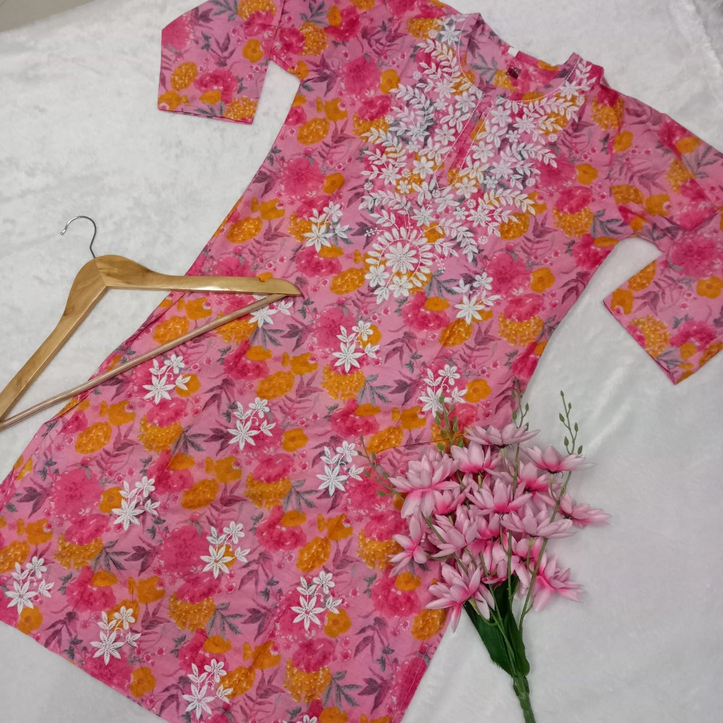 MULMUL COTTON CHIKANKARI MACHINE WORK KURTI - PINK  COLOUR