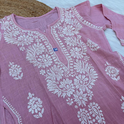 Isha Slub Cotton Chikankari Kurti - Blush colour