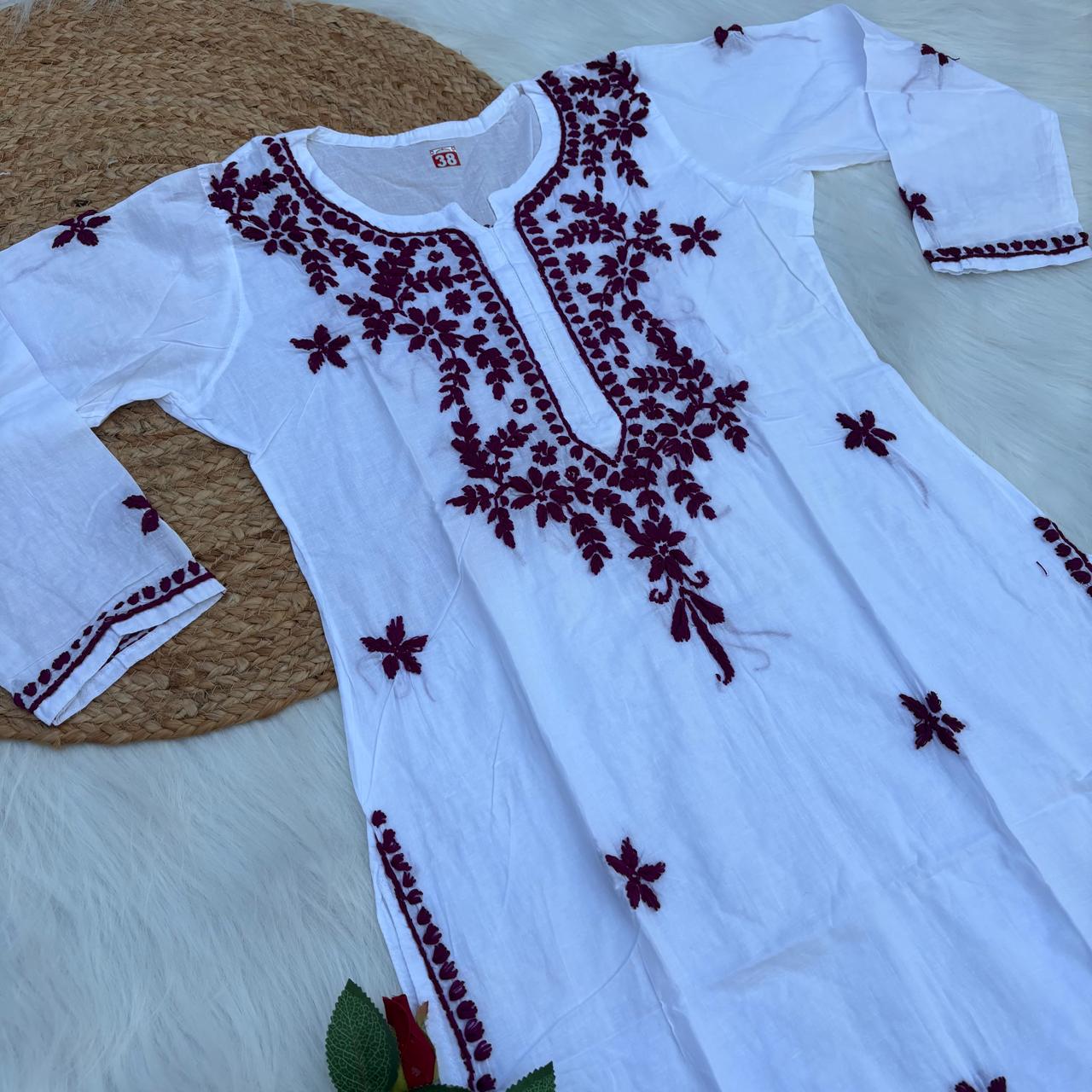 Shraddha Kapoor inspired Pure Cotton Chikankari Kurti - Wine Colour