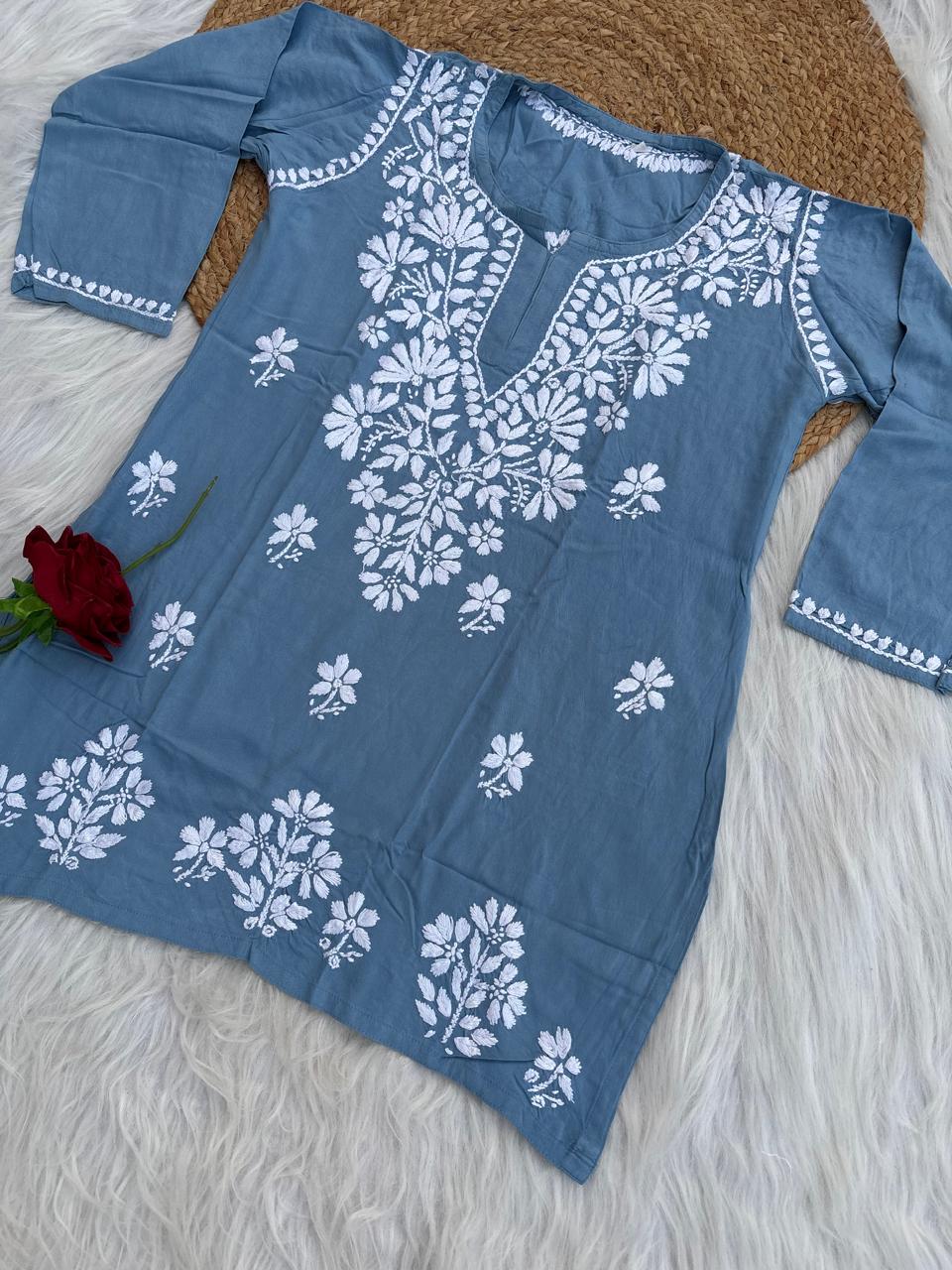 Ina Soft Rayon Handwork Chikankari Short Kurti - Blue Colour