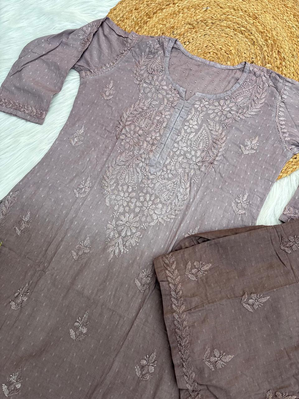 Nuha Dobby cotton Ombre shaded Lucknowi Chikankari Kurti Plazo Set - Light Brown Colour