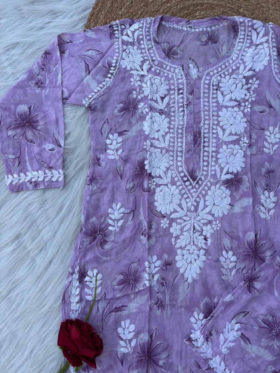 Shazia Mulmul Cotton Chikankari Kurti Set - Purple Colour