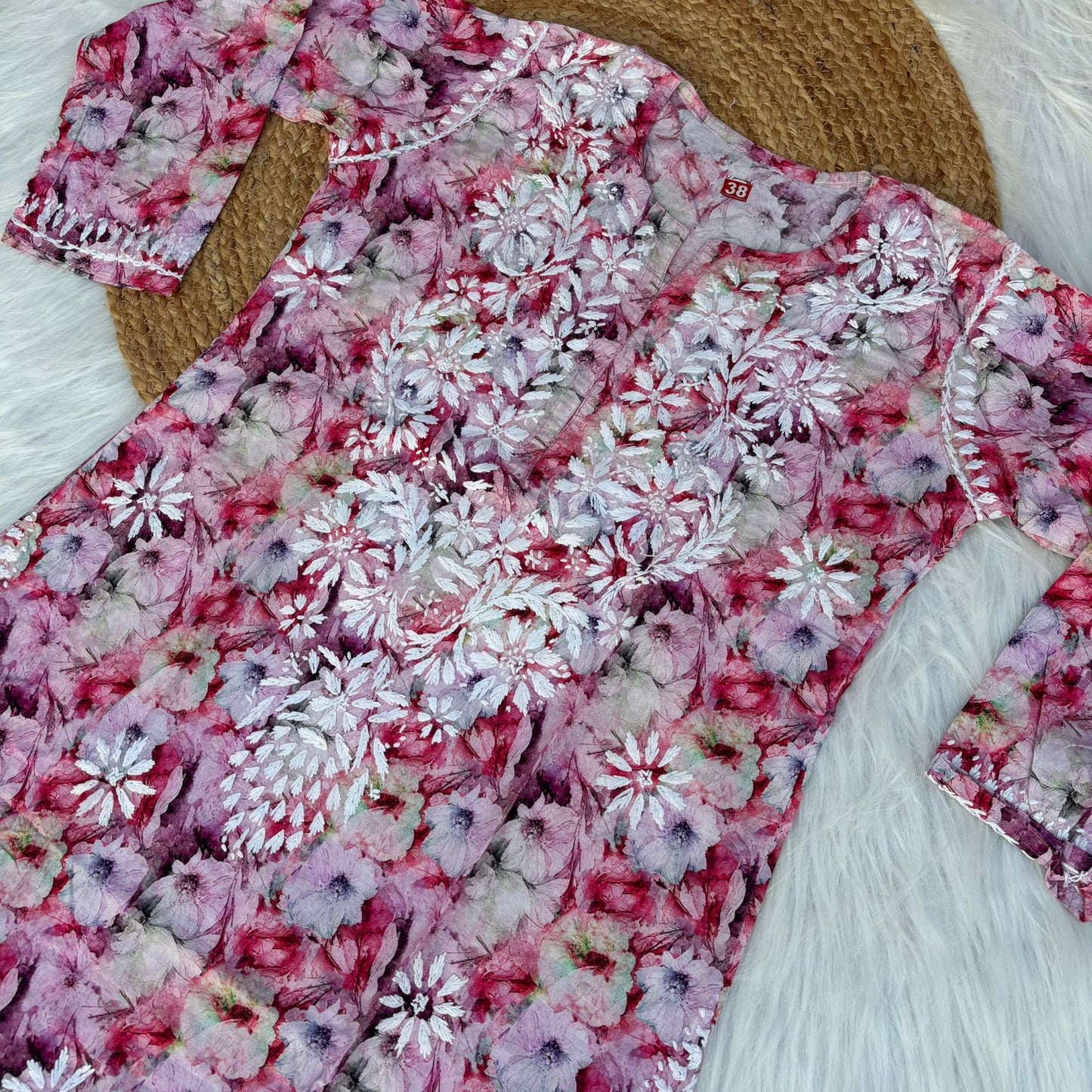 Fiza Pure Cotton Floral Lucknowi Chikankari Kurti - Pink Colour